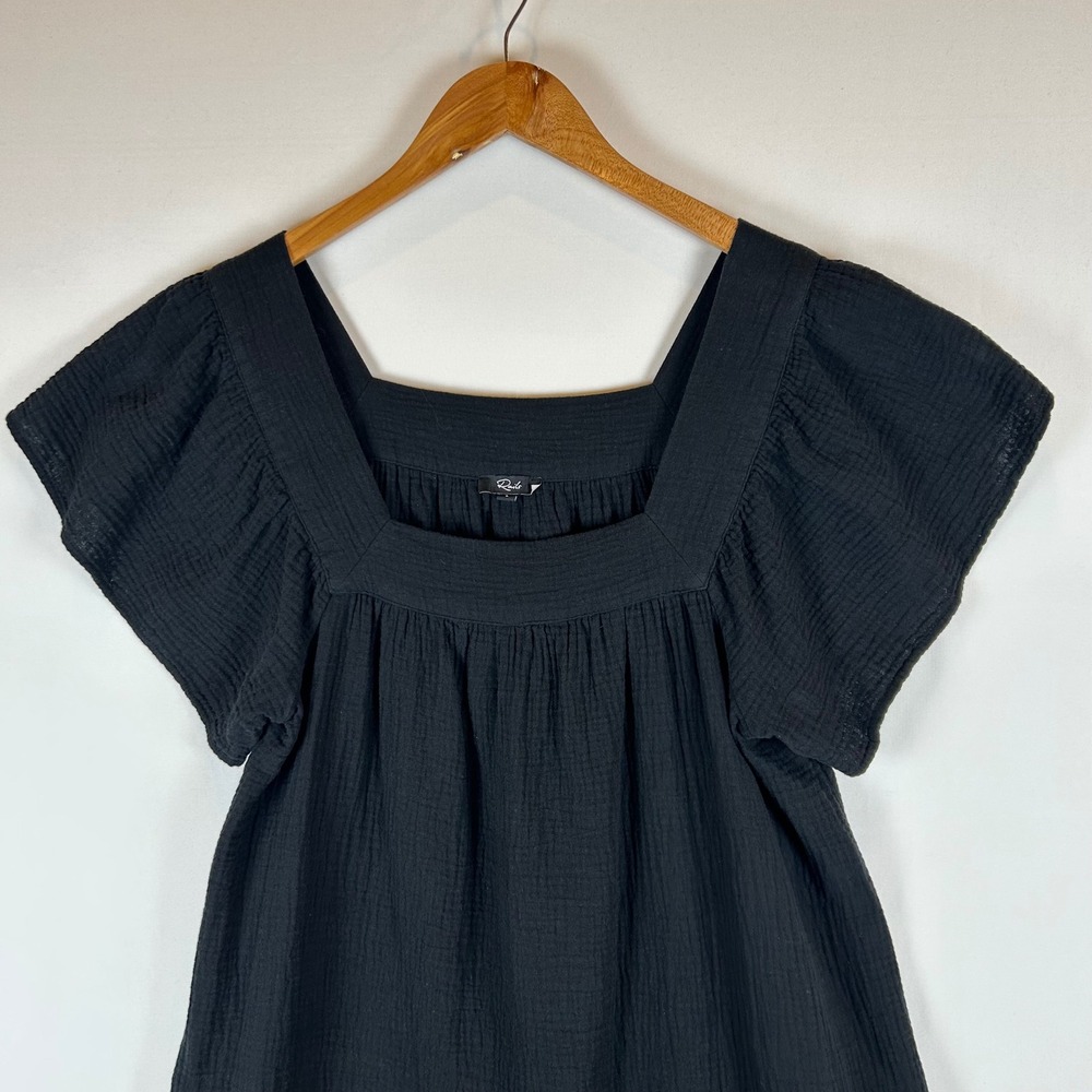 Rails Everdeen Black Cotton Gauze Mini Dress Square Neck Flutter Sleeve L - Picture 8 of 13